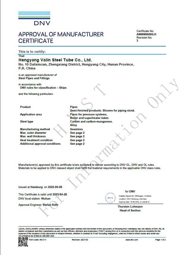DNV Certificate for Carbon-Manganese & Alloy Steel Pipes